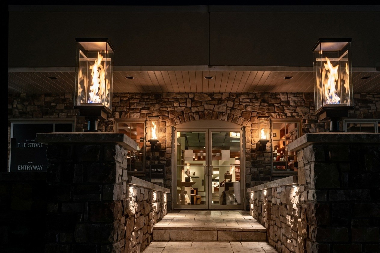 Tempest Torch paired columns flanking stone entry